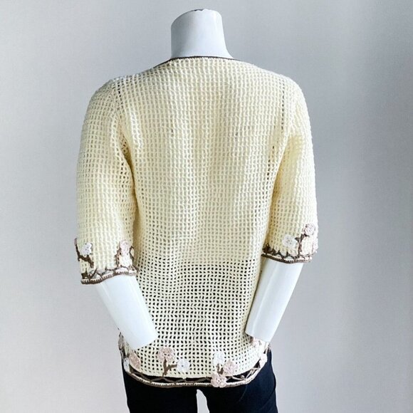 Vintage Ivory Crochet Floral Detail Pearl Button Closure  Open Knit Top S - Picture 6 of 8